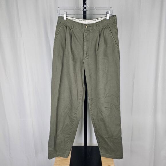Vintage André François Pants 100% Egyptian Cotton Size 32 Pleated Olive Green - Picture 1 of 4